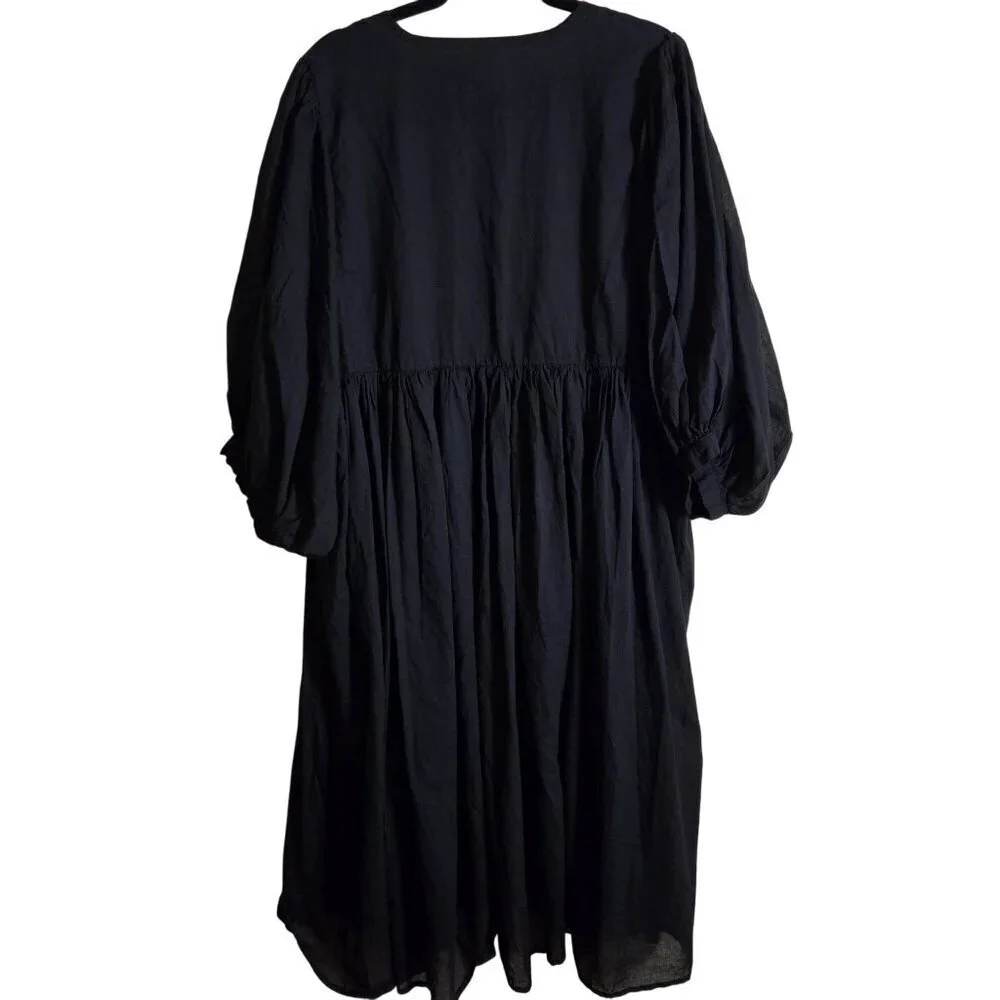 House Of Sandar Sara Midi Dress Black Oasis Flowy Puff Sleeve Tie Neck Size XXL